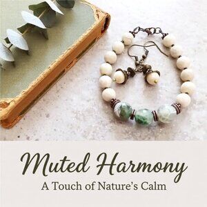 SET! Feminine Bracelet + Earrings! Classy & Gift Worthy! Agate + Fossil Beads 7"